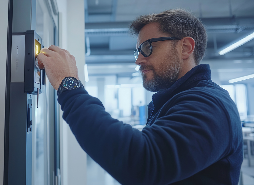 Technician installing a biometric access control system at an office entrance